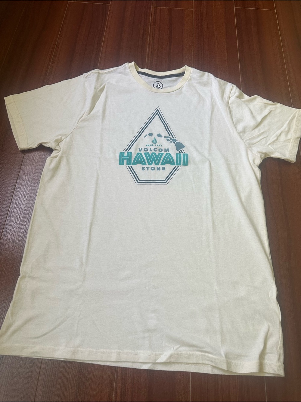 Volcom Light Cream Hawaii Graphic Tee with Teal Logo